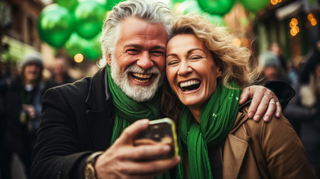Modern adult man with a beard and woman joyfully celebrate St. Patricks Day, and take a selfie on the phoneの素材