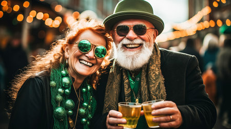 Modern adult man with a beard and a woman in green glasses drink beer and joyfully celebrate St. Patricks Dayの素材