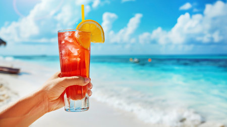 Womans Hand holding cold iced tea or tropical cocktail on beach exotic vacation, against backdrop of bright seaの素材