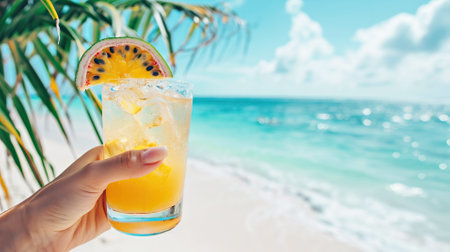A womans hand holds a cold iced tea or a tropical cocktail made from fresh papaya fruit on a beach exotic vacationの素材
