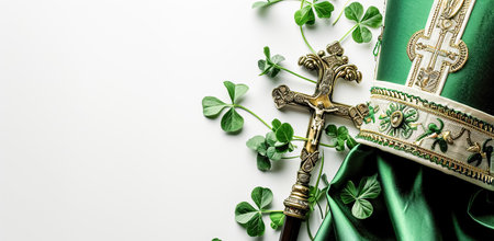Bishop Saint Patricks on a light background. Holiday St. Patricks Day Background, copy spaceの素材
