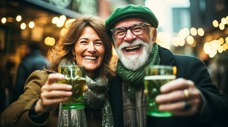 Modern adult man and a woman in green glasses drink green traditional beer and joyfully celebrate St. Patricks Day.の素材