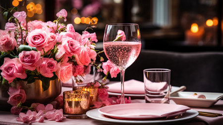 Festive table setting with elegant wine glasses, beautiful pink roses. Romantic dinner for Valentines Day, weddingの素材