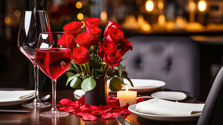 Festive table setting with elegant wine glasses and beautiful red roses on a Valentines Day backgroundの素材