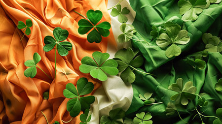 Shamrocks on the background of the Irish flag. Holiday St. Patricks Day Background, invitation card templateの素材