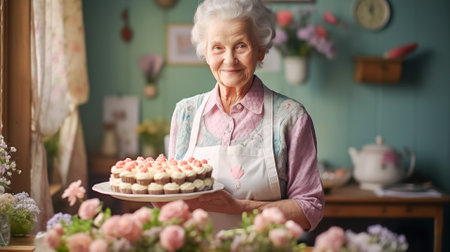 An elderly woman, sweet grandmother, presents homemade decorated cupcakes. Homemade holiday baking for Easterの素材