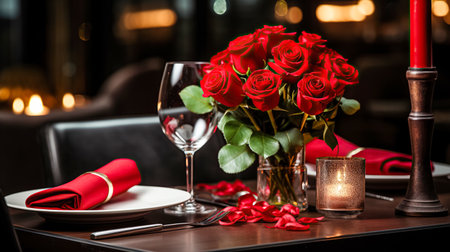 Festive table setting with elegant wine glasses and beautiful red roses on a Valentines Day backgroundの素材