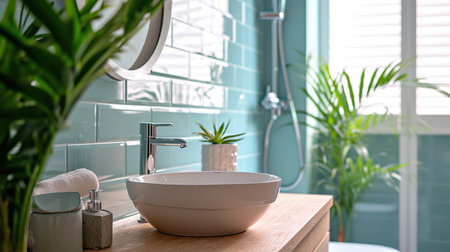 Bright bathroom with green subway tiles and white sink close-up on a wooden countertop. Interior design, cozy lifestyleの素材