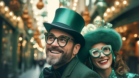 Modern fashionable man and woman in green hats and St. Patricks Day suits, against the backdrop of a city streetの素材