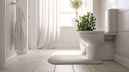 Sun-drenched bathroom with white subway tiles, toilet and sink next to a potted plant. Interior design, cozy lifestyleの素材