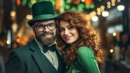 Modern fashionable man and woman in green hats and St. Patricks Day suits, against the backdrop of a city streetの素材
