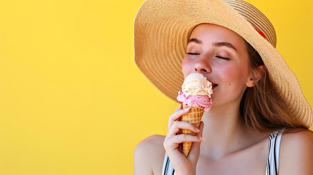 Happy young girl in a straw hat enjoying ice cream cone with her eyes closed in pleasure and bliss, yellow backgroundの素材