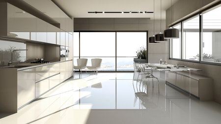 Contemporary kitchen with sleek light cabinets, wood accents and a cozy dining area in monochrome greys. Interior designの素材