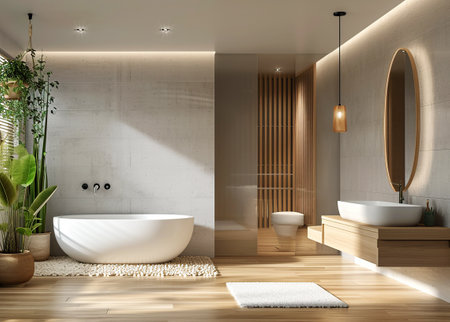 A bright and airy bathroom with free-standing bathtub, set against backdrop of wood accents on walls and lush greeneryの素材