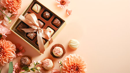 A set of chocolates in an open craft box decorated with a satin ribbon, festive pastel peach trendy backgroundの素材