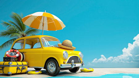 Yellow classic vintage car with various summer holiday accessories, on seashore with palm trees. Concept vacation travelの素材