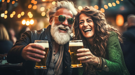 Modern adult man with a beard and a woman in green glasses drink beer and joyfully celebrate St. Patricks Dayの素材