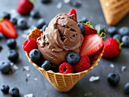 Homemade chocolate ice cream decorated with fresh berries, mint leaf, gray background. Summer healthy cooling dessertsの素材