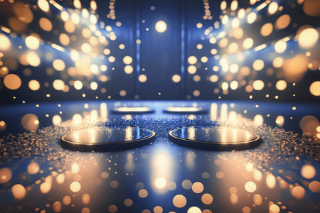 Creative dark blue dance floor stage, empty podium, black gold background with lights and bokeh. Minimalism, productの素材