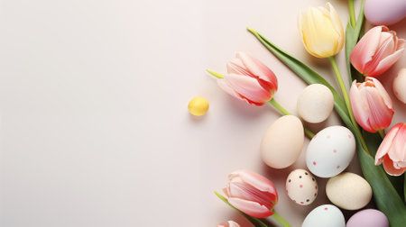 Spring calm Serene composition of tulips and Easter eggs on a soft pastel background. Template, layout for Easter holiday cardの素材
