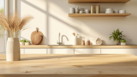 Wooden light empty countertop in Scandinavian minimalist style, flooded natural light, kitchen backsplash in interiorの素材
