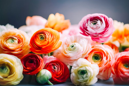 Beautiful blossoming ranunculus flowers, selective focus, dark background. Natural floral backgroundの素材