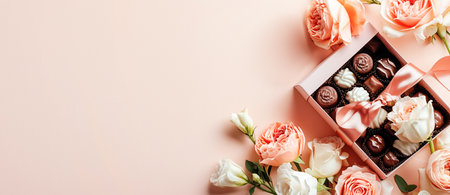A set of chocolates in an open craft box decorated with a satin ribbon, festive pastel peach trendy backgroundの素材