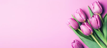 Beautiful pink tulips on pastel pink background, flat lay, top view, copy space. Spring floral backgroundの素材