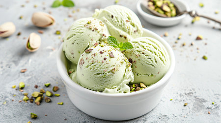 Homemade pistachio ice cream served in white bowl on light kitchen table. Summer fashionable healthy cooling dessertsの素材