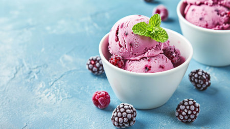 Homemade ice cream with berry flavor, served in white bowls decorated with fresh mint leaves, berries, light backgroundの素材