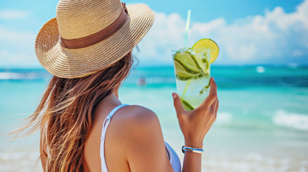 Beautiful young woman in sunglasses straw hat holds lemonade or tropical fresh citrus cocktail, beach exotic vacationの素材
