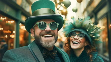 Modern fashionable man and woman in green hats and St. Patricks Day suits, against the backdrop of a city streetの素材