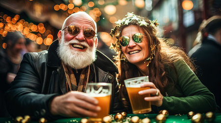 Modern adult man and woman are sitting at street cafe table and drinking beer joyfully celebrating St. Patricks Dayの素材