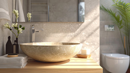 Contemporary round beige stone sink, wooden shelf vanity, wall hung toilet bathroom, minimalist style soft earth tonesの素材