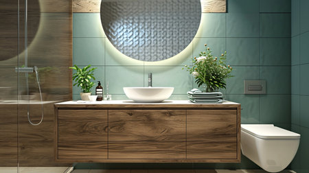Bright bathroom with green subway tiles and white sink close-up on a wooden countertop. Interior design, cozy lifestyleの素材