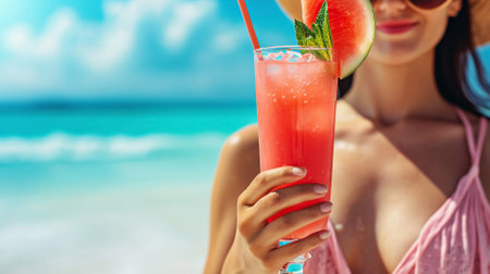 Beautiful young woman in sunglasses holding cold iced tea or fresh watermelon tropical cocktail on beach exotic vacationの素材