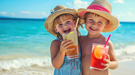 Cute children in sunglasses and straw hats holding lemonade or tropical fresh citrus cocktail beach exotic vacationの素材