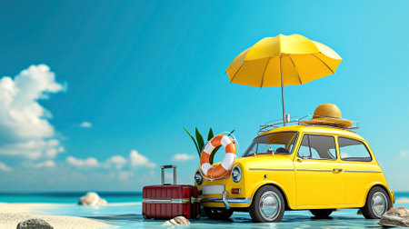 Yellow classic vintage car with various summer holiday accessories, on seashore with palm trees. Concept vacation travelの素材