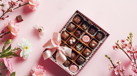 Set of chocolates in a craft box decorated with satin ribbon, festive pastel pink trendy background with fresh flowersの素材