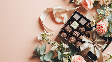 A set of chocolates in an open craft box decorated with a satin ribbon, festive pastel peach trendy background with fresh flowers. Flat lay, top viewの素材