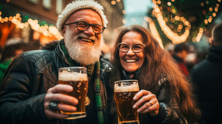 Modern adult man with a beard and a woman in green glasses drink beer and joyfully celebrate St. Patricks Dayの素材