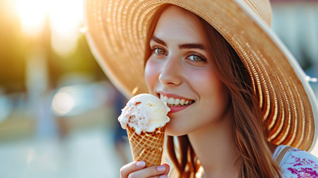 Happy young red-haired girl in a straw hat enjoying vanilla ice cream cone outdoorsの素材