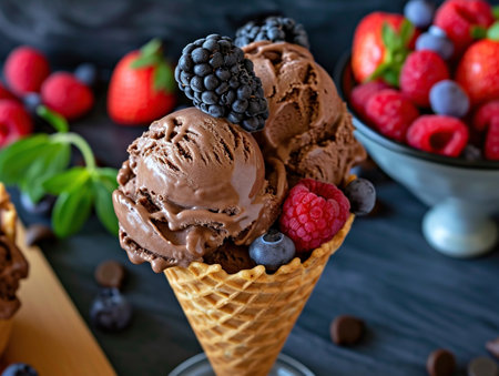 Homemade chocolate ice cream decorated with fresh berries, mint leaf, gray background. Summer healthy cooling dessertsの素材