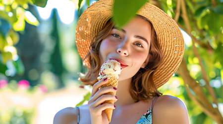 Happy young red-haired girl in a straw hat enjoying vanilla ice cream cone outdoorsの素材