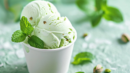 Homemade pistachio ice cream served in a white bowl garnished with fresh mint leaves. Summer healthy cooling dessertsの素材