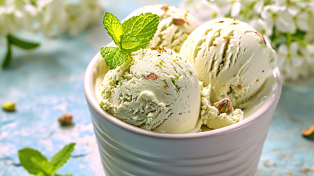 Homemade pistachio ice cream served in a white bowl garnished with fresh mint leaves. Summer healthy cooling dessertsの素材
