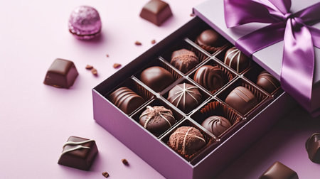 A set of chocolates in an open craft box decorated with satin purple ribbon, pastel purple background, holiday conceptの素材