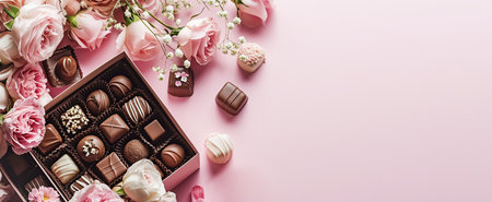 Set of chocolates in a craft box decorated with satin ribbon, festive pastel pink trendy background with fresh flowersの素材