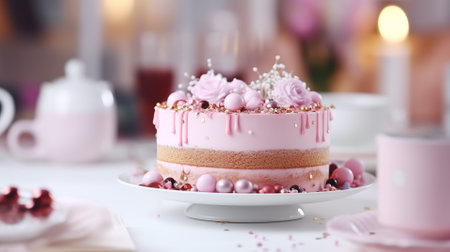 A beautifully decorated cake with dripping pink frosting. Easter concept, March 8, Mothers Day, Valentines Dayの素材