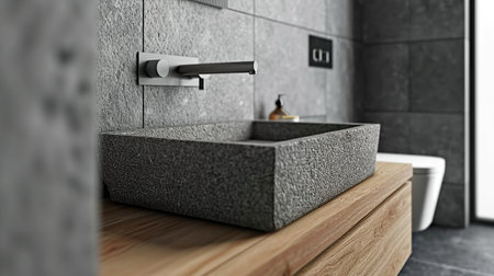 Modern square gray stone sink closeup, wooden shelf vanity, wall hung toilet in bathroom, minimalist style. Interior designの素材